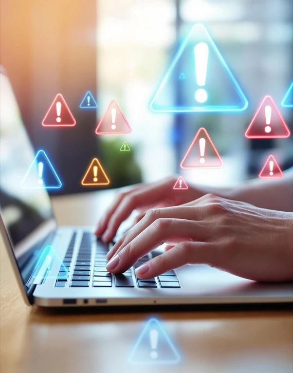 Holographic warning symbols over person using laptop